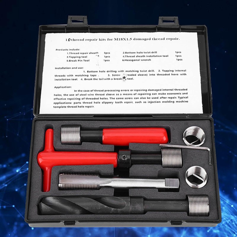 TeamSky 10Pcs M18x1.5 Thread Repair Kit Stainless Steel Twisted Drill