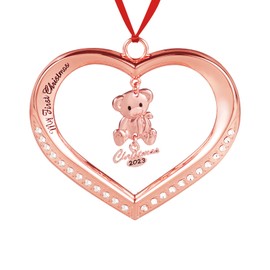 Baby's First Christmas Ornament 2023, Rose Gold Heart with Hanging Teddy Bear Christmas Ornament, Babies Christmas Ornament Engraved My First Christmas 2023, Baby Ornament 2023 with Gift Box