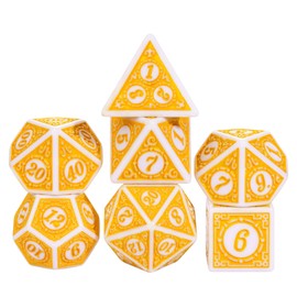 Poludie 7PCs DND Dice Set, Unique Window Lattice Pattern D&D Dice Set with Leather Dice Bag, Polyhedral Dice for Dungeons and Dragons, RPG, MTG Table Games (Yellow/White)