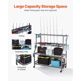 15-Pole Fishing Rod Holder with Wheels Organizer Cart Rack for Garage Easy to Move Fishing Rack CartCapacity: 15 Rods
