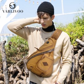 VARLIVOO Men's Sling Bag Crossbody Bag Shoulder Bag Hiking Travel Camping Cycling Mountaineering School Canvas Shoulder Bags Sling Backpack, khaki, Sling Bag