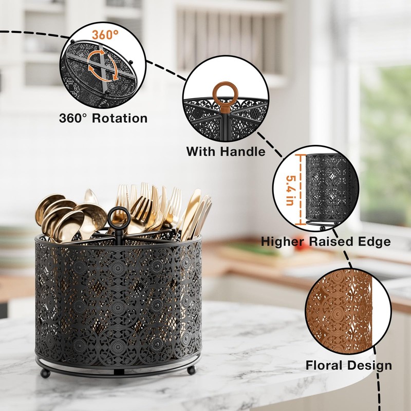 EKNITEY 360° Rotating Utensil Caddy Countertop - Cutlery Silverware Caddy