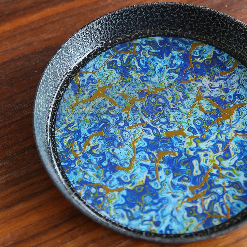 Small Tea Tray Complex Pattern Round Alloy Decorative Tea Serving