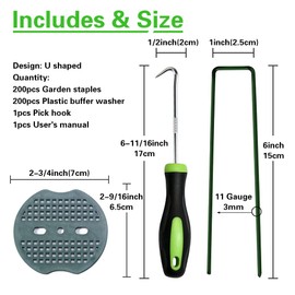 Bakulyor Bakulyor 200pcs Green Artificial Turf Stakes Staples + 200pcs Buffer Washer, 6 Inch 11 Gauge Landscape Staples, Galvanized Lawn Spikes, Heavy Duty Yard Ground Pin for Grass Weed Barrier Sod Fabric