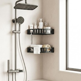 DivaDwell Depot Adhesive Corner Shower Shelf No Drill | Rust-Proof Aluminum Alloy Stick On Bathroom Organizer with Shaving Holder for Shampoo, Conditioner, Soap, Razors Black 3Pack