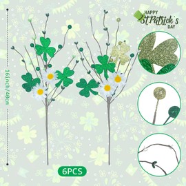 LOOMI 6 Pack St. Patrick's Day Branches Floral Picks Decoration with Green Shamrock Berries – Irish Themed 16 Inch Artificial Plants Flower Stems for Centerpieces