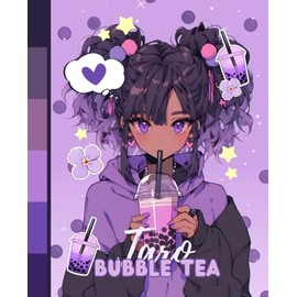 Black Anime Girl Taro Bubble Tea Notebook: 7.5 x 9.25" Wide Ruled