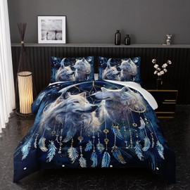 Nttopship Wolf Animal Comforter Set Full Size,Modern Wildlife Animal Comforter Wolf Bedding Set for Girls Boys Kids Teens Watercolor Wolf Dark Clouds Wild Animal Comforter with 2 Pillowcases