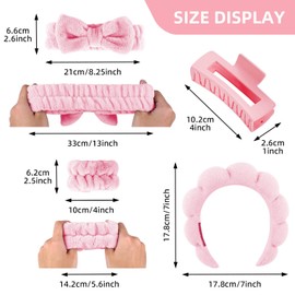 Tiny Chou 5pcs Spa Headband and Wrist Bands Set for Washing Face, Terry Cloth Puffy Makeup Facial Skincare Headbands for Women, Soft Hair Face Wash Accessories, Pink