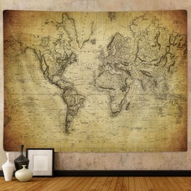 Ancient Map of the World Tapestry Wall Art Hanging,Old World Map Home Room Wall Decorations Retro Khaki Color Vintage Wall Hanging Tapestries, Geographical Distribution Wall Decor for Man Bedroom