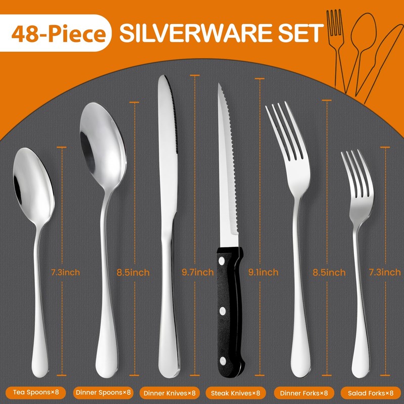 49 Piece Silverware Set with Organizer - Utensil Sets Stainless