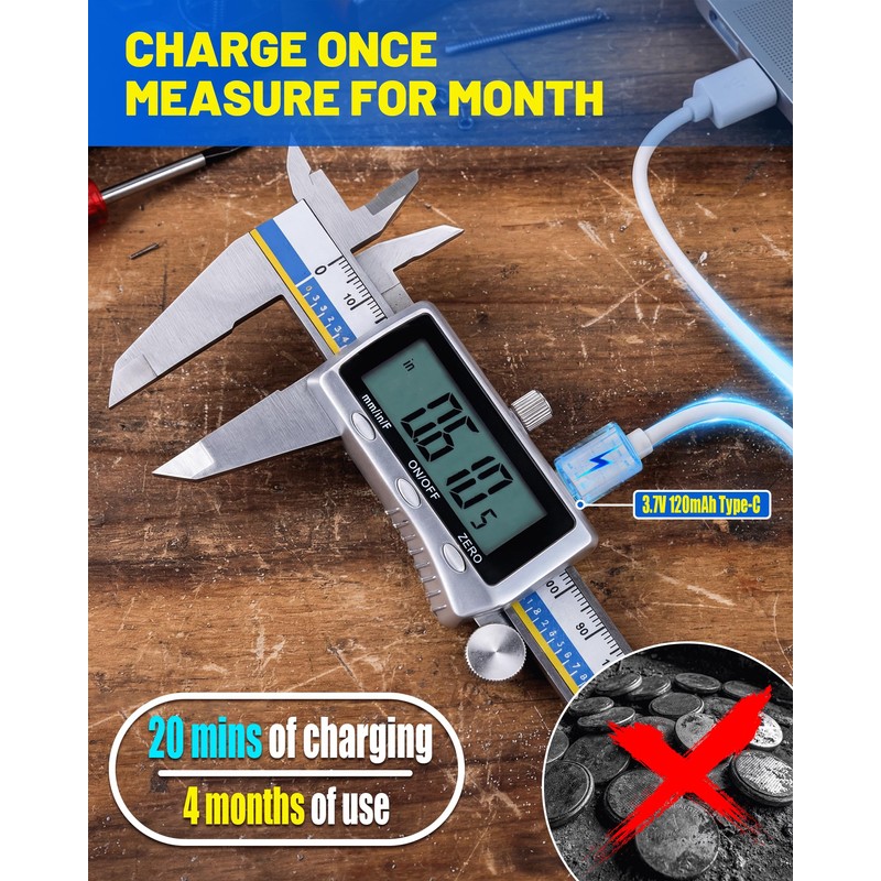 Digital Caliper with USB-C Charging, 6" Stainless Steel Digital Caliper