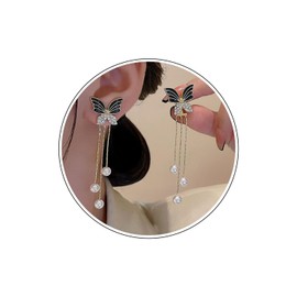 Wendalern Gold Butterfly Tassel Earrings Bar CZ Butterfly Dangle Earrings Opal Crystal Butterfly Drop Earrings Long Chain Butterfly Statement Earrings Jewellery for Women Girls, Zinc, No Gemstone