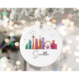 HKDesignGift Seattle City Ornament, Seattle City Christmas Ornament, Landmarks Xmas Ornament, Colorful City Skyline Graphic, New City Gifts for Christmas Printed on Both Sides