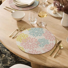 Artoid Mode Floral Vinyl Round Placemats Set of 4, 15 Inch Wipeable Non-Slip PVC Place Mats for Party Kitchen Dining Decor, Pink Blue