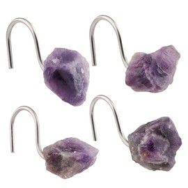 mookaitedecor Set of 4 Natural Amethyst Crystal Shower Curtain Hooks, Decorative Raw Crystals Stainless Steel Curtain Rings for Bathroom Home Decor