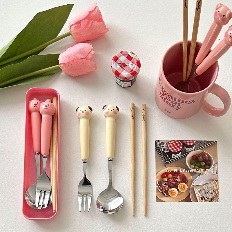 Cutlery Set, Chopsticks, Spoon, Storage Case, 3-piece Set, Chopsticks, Animal
