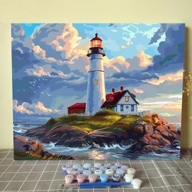 White Lighthouse Paint by Numbers Kits 16x20 inch Canvas Summer Seascape DIY Paintwrok for Kids, Adults Beginner Navigation Lighthouse Building Oil Paintings with Brushes, Girl Boy Gift(DIY Frame)