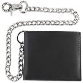 F&L CLASSIC - Cartera de cuero de vaca con bloqueo RFID para hombre, estilo plegable con cadena de acero, Negro, Sólido - Negro - Top Qua...