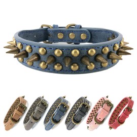 Spiked Studded Dog Collar-Bronze Pointed Stud Anti-Bite Collar (Blue,M)