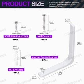 Swpeet 4 Pack 6"L x 5"H Iron Wall Shelf Bracket, Heavy Duty Shelf Support Bracket, Floating Shelf Bracket, Decorative Joint Angle L Steel Bracket Kit Contains 16/40MM Screws, Anchors for Home, White