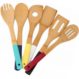 Set de 6 Utensilios de cocina de madera, Good & Good Juego de Utensilios de Madera con Mango de Silicón, 2 palas, 1 espátula y 3 cucharas, de bambú