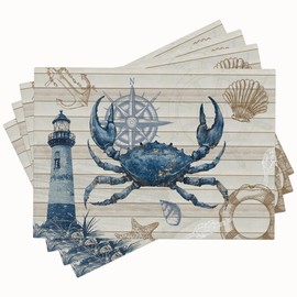 Crab Ocean Placemats Set of 4 Nautical Lighthouse Table Mats Washable Coastal Place Mats for Home Party Indoor Kitchen Dining Table Decoration 12x18 Inch
