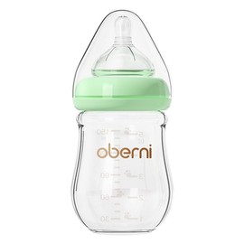 Oberni Glass Baby Bottles,Anti Colic Breastfeeding Bottle with Natural Response Nipple Size S,Wide Neck Slow Flow Baby Bottle for Baby,Newborn,Preemie 0-3 0-6 Month,BPA Free (Green, 1 Pack, 5 Ounce)