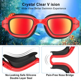 Emsina Kids Swim Goggles,Super Anti-Fog Swimming Goggles for Kids Age 7-12 Boys and Girls(BlackRed-redLens)