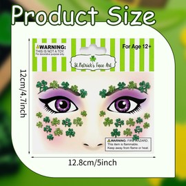 St.Patrick's Day Face Stickers Shamrock Eye Body Face Jewel Gems Stickers Glitter Sparkling Green Shamrock Temporary Tattoo for Adult Makeup Birthday Festive Party Parade Decoration Supplies 2Pcs