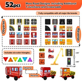 Drofex 52pcs Magnetic Tiles Road Set with Fire Truck and Magnetic Crane, Creative Construction Toys for Kids Ages 3-12, Boys & Girls, Fire Rescue and Engineering Themed Magnetic Building Blocks