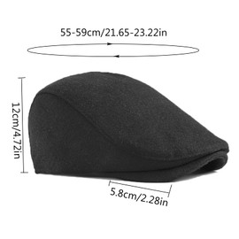 ZARSIO Men's Newsboy Hat Flat Top Warm Panel Peak Beret Hat Adjustable Wool Blend Driver Hat Outdoor Winter Black
