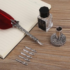 HEEPDD Feather Quill Set, 0.5mm English Calligraphy Feather Dip Pen with 5 Extra Feathers Europeanism Vintage Quill Signature Pen with Empty Inkwell Wedding (Red)