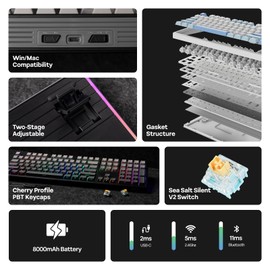 EPOMAKER TH108 Full Size Mechanical Keyboard, Wireless Gaming Keyboard with 8000mAh Battery, Creamy Gasket, 108 Keys, Hot Swap, Custom Driver, RGB Backlight (Black, Sea Salt Silent)