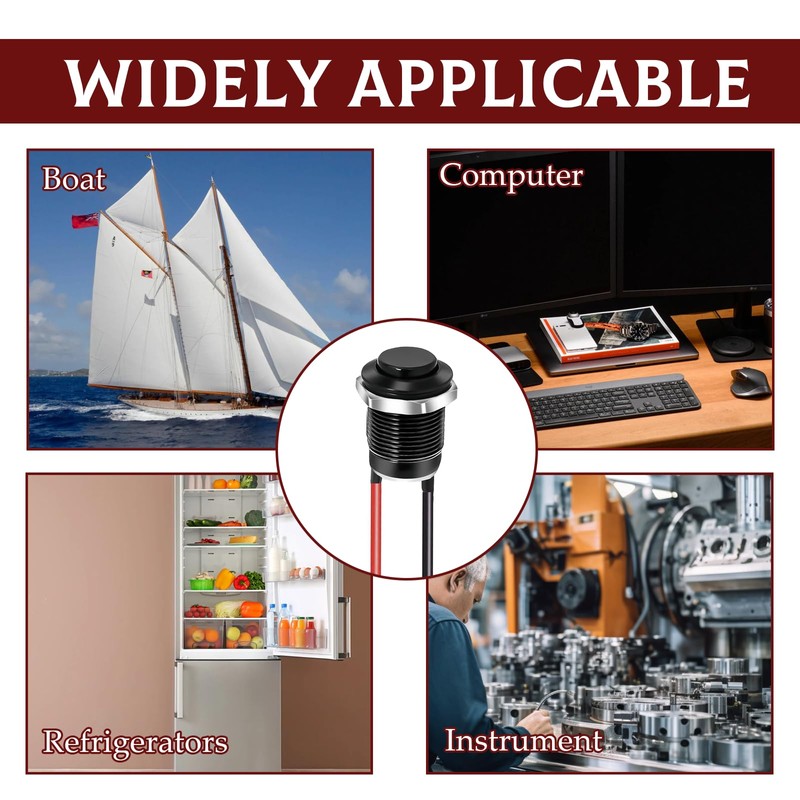 6Pcs 12MM Black Metal Push Button Switch - Self-Locking &