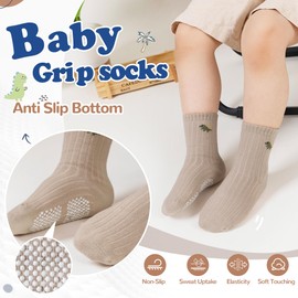 WEVIAS Baby Socks Toddler Grip Non Slip Cotton Crew Infant Boys Girls Anti Skid Socks 9 Pairs (Dinosaur/Car, 3-5 Years)