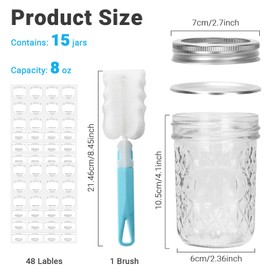 Glass Regular Mouth Mason Jars, 15 Pack 8 oz Wide Mouth Glass Canning Jars with Silver Aluminum Lids and Bands, Airtight Jars for Food Storage, Canning, Overnight Oats, Fermenting, Pickling, Decor