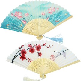 2 Pack Hand Fans for Women Foldable Folding Handheld Fan Abanicos de Mano Hand Held Chinese Style Silk Bamboo Fans for Dancing Cosplay Wedding Party Props Decoration, Season Color Lotus Plum Blossom