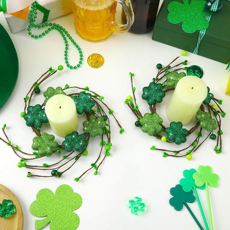 4Pcs St. Patrick's Day Glitter Shamrock Candle Rings