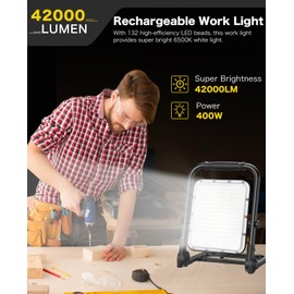 AKOFUN 400W Rechargeable LED Work Light with Stand, 42000LM Waterproof Flood Light, 32000mAh Battery, 6500K, 4 Modes Adjustable Job Site Working Lights for Workshop Garage, Construction Site
