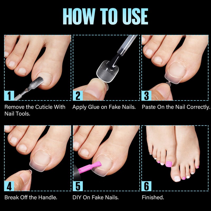 TOMICCA Pack of 120 Transparent False Toenails Kit, 12 Sizes