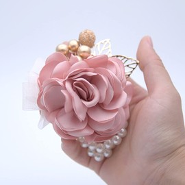 Snadulor 1Pcs Artificial Flower Bride and Bridesmaid Wrist Corsage Bracelet,Used for Wedding,Bridal Shower,Party,Wedding Anniversary(Champagne Pink)