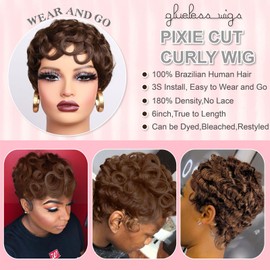 Brown Short Curly Pixie Cut Wigs Remy Human Hair for Women, Chocolate Brown Colored Short Curly Deep Wave Human Hair Wig Fashion Wavy Layered Pixie Cut Wig Wear and Go Glueless Cosplay Wigs With Bang