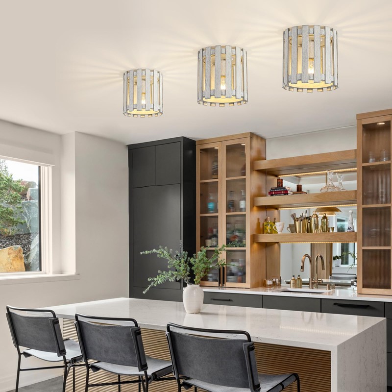 Rustic Flush Mount Ceiling Light, Farmhouse Wood Cage Semi Flush