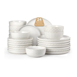 Stoneware Dinnerware Sets Service for 4, 12 pcs Reactive Glaze Plates and Bowls Sets, Embossed Boho Ceramic Dish Set, Highly Chip and Crack Resistant Farmhouse Plate Set, Ivory White