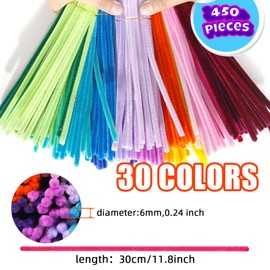 URADIART Pipe Cleaners 450 pcs 30 Assorted Colors Chenille Stems, Pipe Cleaners Crafts, Bulk Pipe Cleaners Craft Supplies for DIY Art Creative School Crafts Decorations (6mm x12 inch)