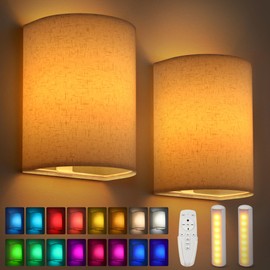 Battery Operated Wall Sconces Set of 2, Rechargeable Wireless Wall Lamp with Remote Control Colorful Changing, Mid Century Modern Wall Lights Night Lights for Home Decor Living room, Bedroom, Hallway