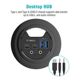 ineo Grommet Desk-Fit (Diameter 2.3" to 2.4") 2Type A + 2Type C with 3.5mm Audio Mic Jack + 3.2" Expandable case (Power is not Included)[THC06 - VI Plus]