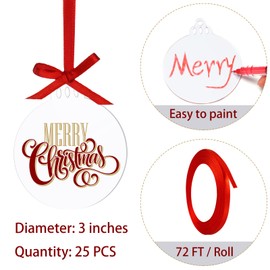 Clear Round Acrylic Christmas Ornaments Clear Blank Acrylic Disc Circle Red Ribbon with Hole DIY Crafts Acrylic Ornament for Xmas Tree Party Painting Hanging Decoration Supplies(3 Inch, 25 Pieces)