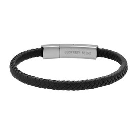 Geoffrey Beene Men's Braided Genuine Leather Fashion Bangle Bracelet with Stainless Steel Clasp (Silver)